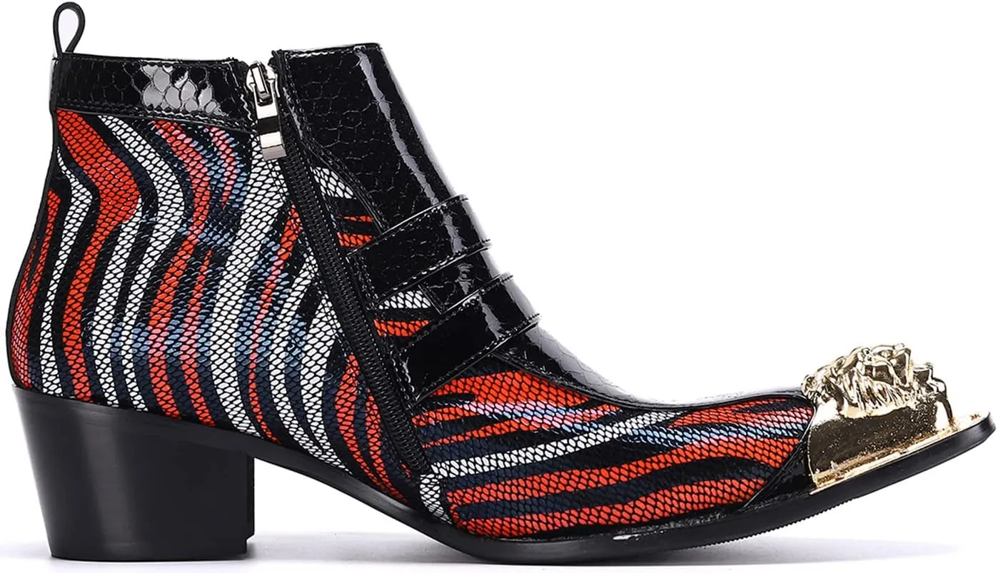 Santimon Men's Chelsea Boots - Genuine Leather Western Ankle Boots with Metal Tip-Toe, Zipper & Buckle - Two-Tone Dress & Casual Boots for Party, Disco & Singer