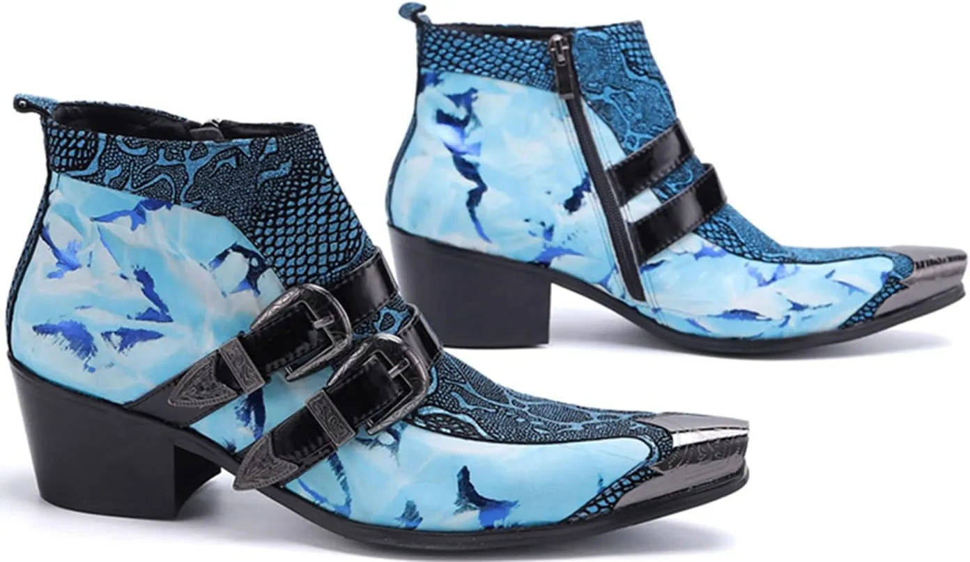 Santimon Men's Chelsea Boots - Genuine Leather Western Ankle Boots with Metal Tip-Toe, Zipper & Buckle - Two-Tone Dress & Casual Boots for Party, Disco & Singer