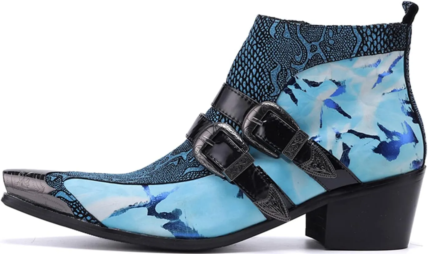 Santimon Men's Chelsea Boots - Genuine Leather Western Ankle Boots with Metal Tip-Toe, Zipper & Buckle - Two-Tone Dress & Casual Boots for Party, Disco & Singer