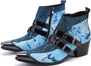 Santimon Men's Chelsea Boots - Genuine Leather Western Ankle Boots with Metal Tip-Toe, Zipper & Buckle - Two-Tone Dress & Casual Boots for Party, Disco & Singer