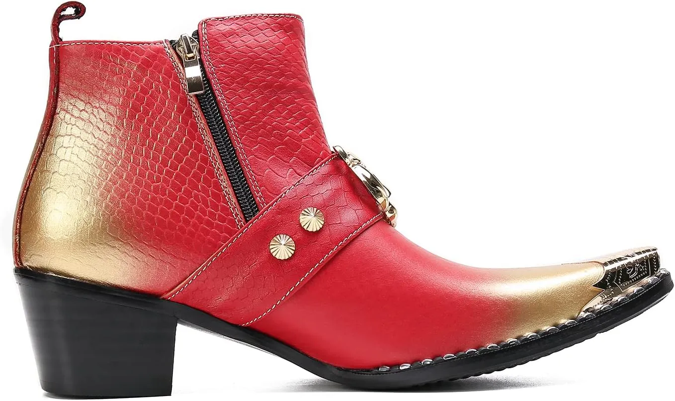 Santimon Men's Genuine Leather Chelsea Boots - Dress & Casual Ankle Boots with Metal Pointed-Toe, Double Zipper & Tiger Design - Western Cowboy Boots for Wedding, Prom, Party & Tuxedo