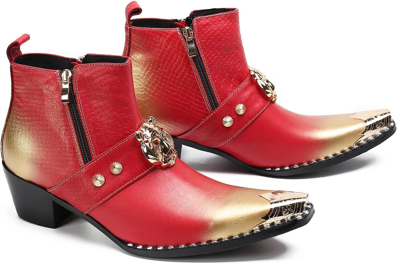 Santimon Men's Genuine Leather Chelsea Boots - Dress & Casual Ankle Boots with Metal Pointed-Toe, Double Zipper & Tiger Design - Western Cowboy Boots for Wedding, Prom, Party & Tuxedo