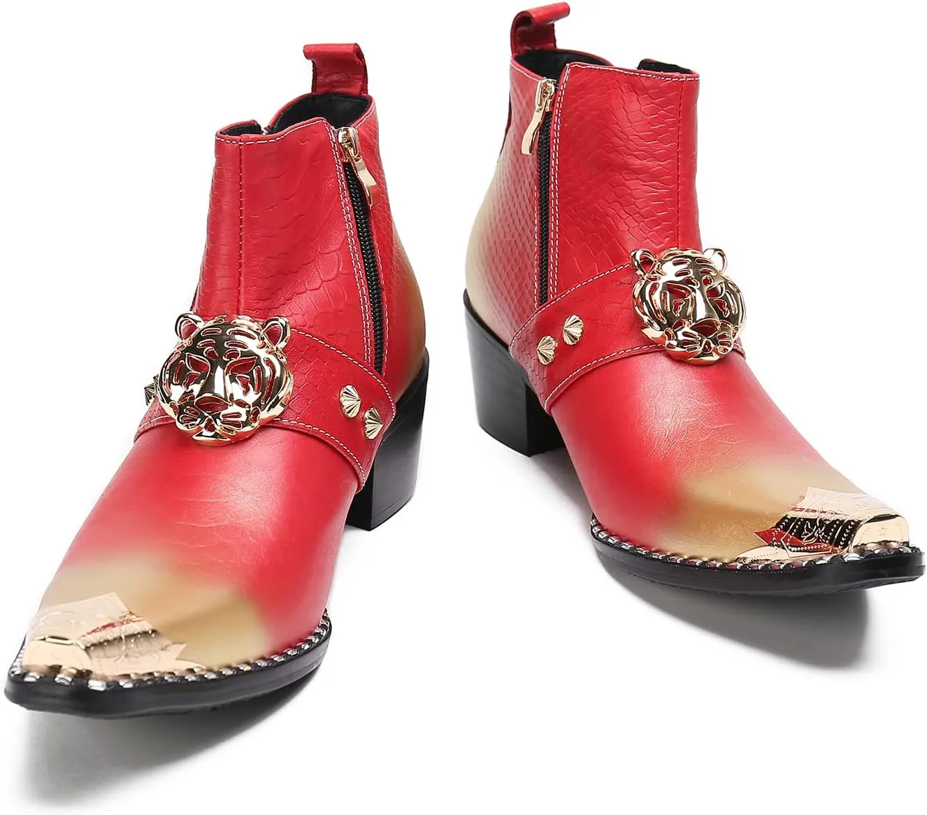 Santimon Men's Genuine Leather Chelsea Boots - Dress & Casual Ankle Boots with Metal Pointed-Toe, Double Zipper & Tiger Design - Western Cowboy Boots for Wedding, Prom, Party & Tuxedo