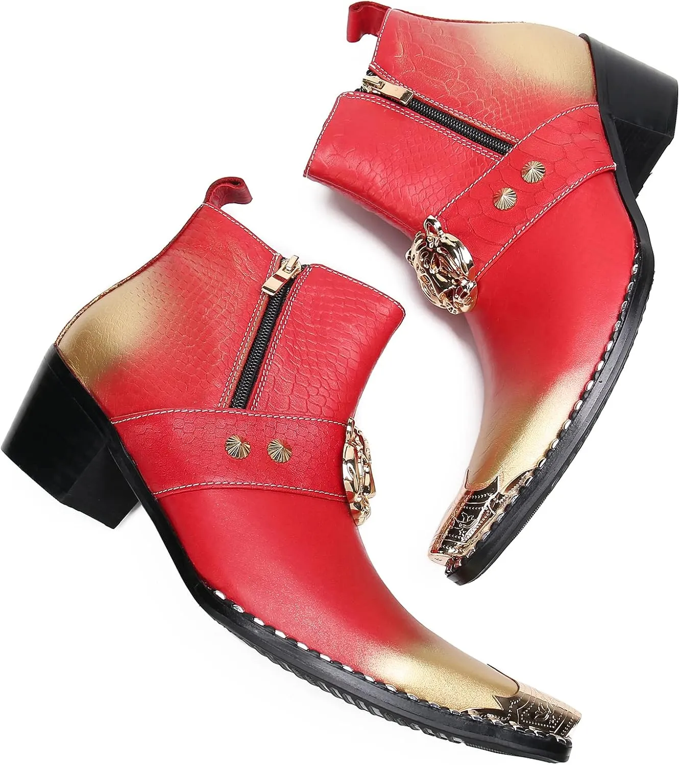 Santimon Men's Genuine Leather Chelsea Boots - Dress & Casual Ankle Boots with Metal Pointed-Toe, Double Zipper & Tiger Design - Western Cowboy Boots for Wedding, Prom, Party & Tuxedo