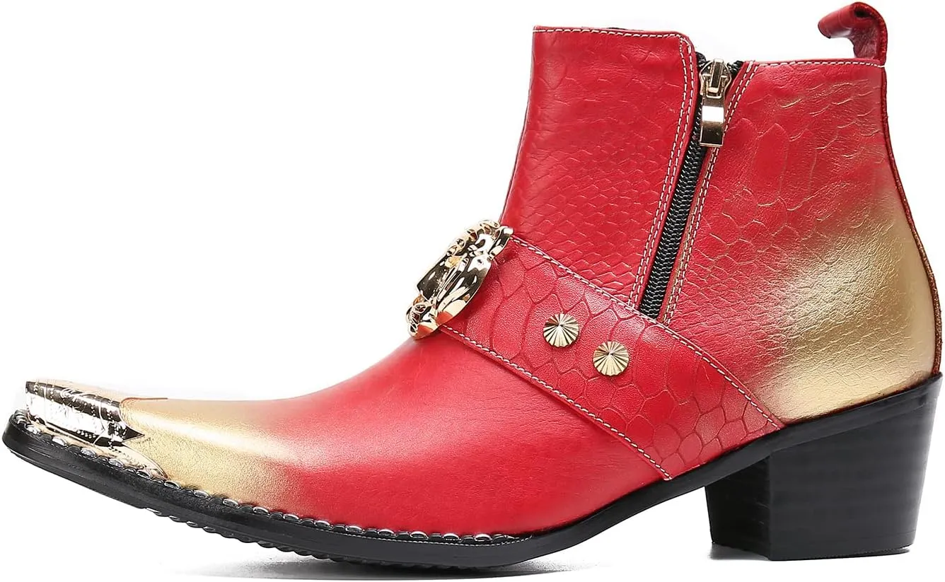 Santimon Men's Genuine Leather Chelsea Boots - Dress & Casual Ankle Boots with Metal Pointed-Toe, Double Zipper & Tiger Design - Western Cowboy Boots for Wedding, Prom, Party & Tuxedo