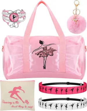 Sanwuta 6 Pcs Dance Ballet Gifts for Girls with Dance Backpack Ballet Slippers Duffle Bag Dance Jewelry Pom Pom Keychain Dance Makeup Bag Recital Gifts for Girls Dancer Ballerina