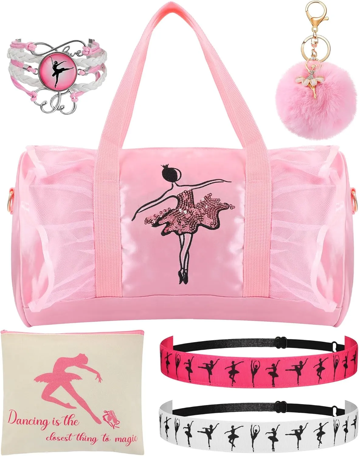Sanwuta 6 Pcs Dance Ballet Gifts for Girls with Dance Backpack Ballet Slippers Duffle Bag Dance Jewelry Pom Pom Keychain Dance Makeup Bag Recital Gifts for Girls Dancer Ballerina