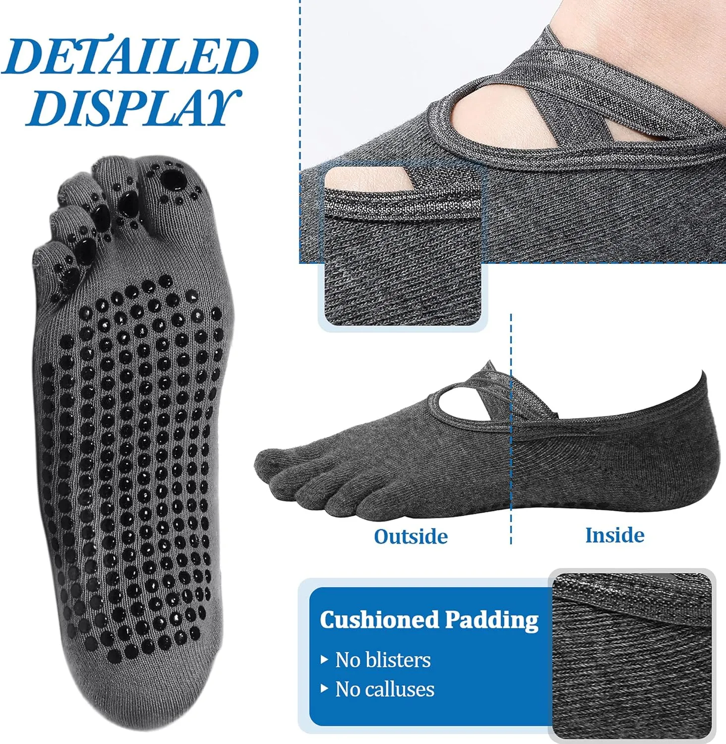 SATINIOR 7 Pairs Yoga Toe Socks with Grip Women Non Slip Sticky Full Toe Socks for Pilates, Ballet, Dance, Barefoot