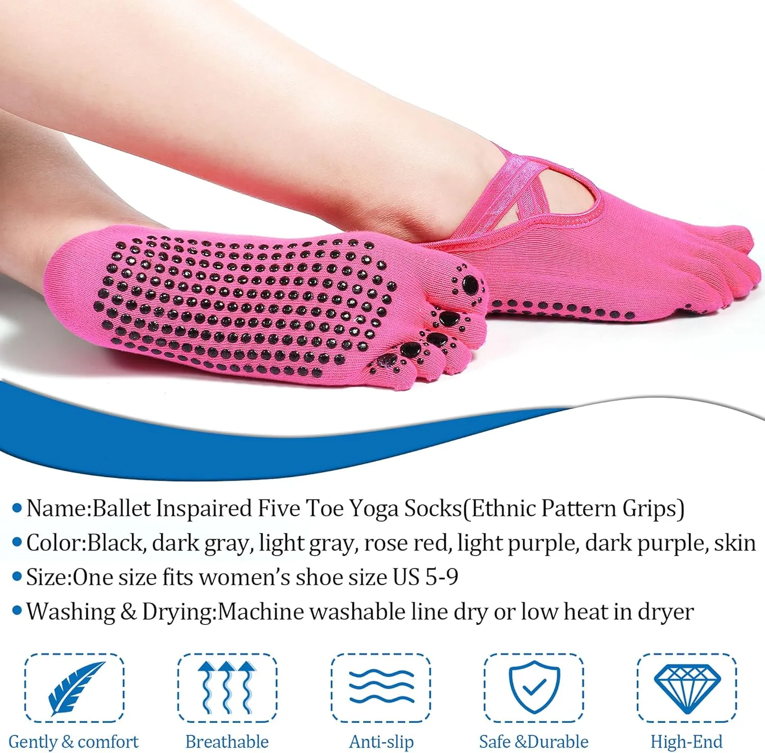 SATINIOR 7 Pairs Yoga Toe Socks with Grip Women Non Slip Sticky Full Toe Socks for Pilates, Ballet, Dance, Barefoot
