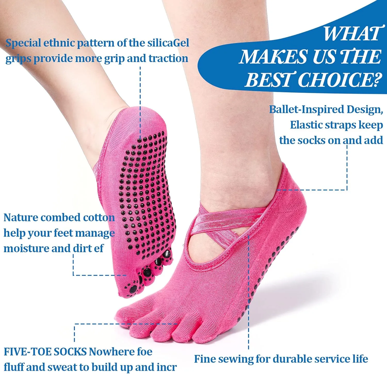SATINIOR 7 Pairs Yoga Toe Socks with Grip Women Non Slip Sticky Full Toe Socks for Pilates, Ballet, Dance, Barefoot