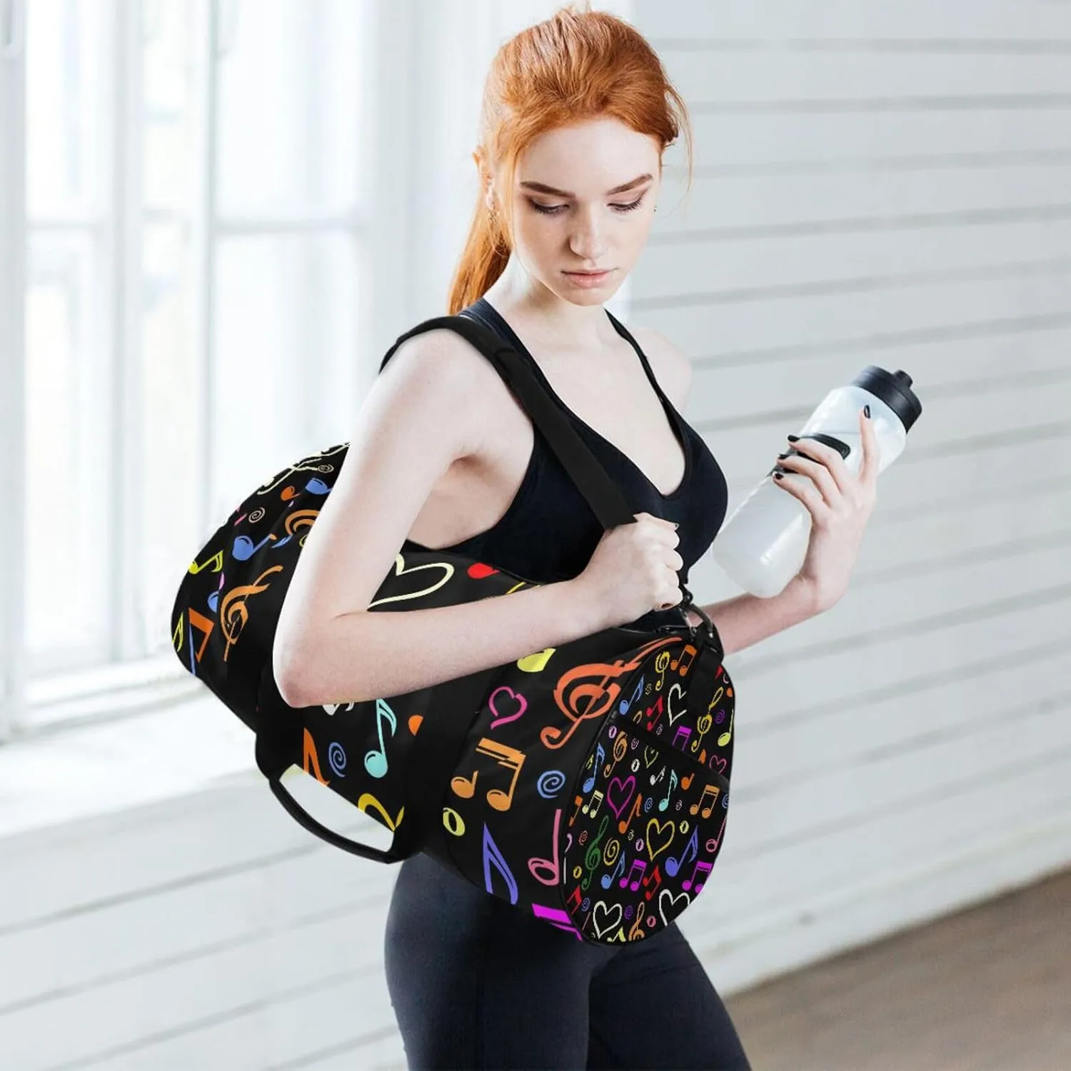 Seamless Colorful Musical Notes on Black Dark Portable Gym Bag, Travel Bag, Luggage bag, Sports Bag, Toiletry Bag with Handles, Detachable Shoulder Strap 17.6 x 9 x 9 inch