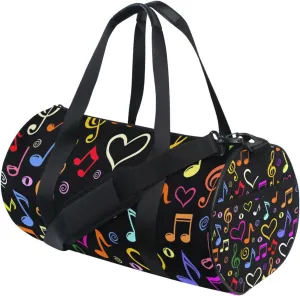 Seamless Colorful Musical Notes on Black Dark Portable Gym Bag, Travel Bag, Luggage bag, Sports Bag, Toiletry Bag with Handles, Detachable Shoulder Strap 17.6 x 9 x 9 inch