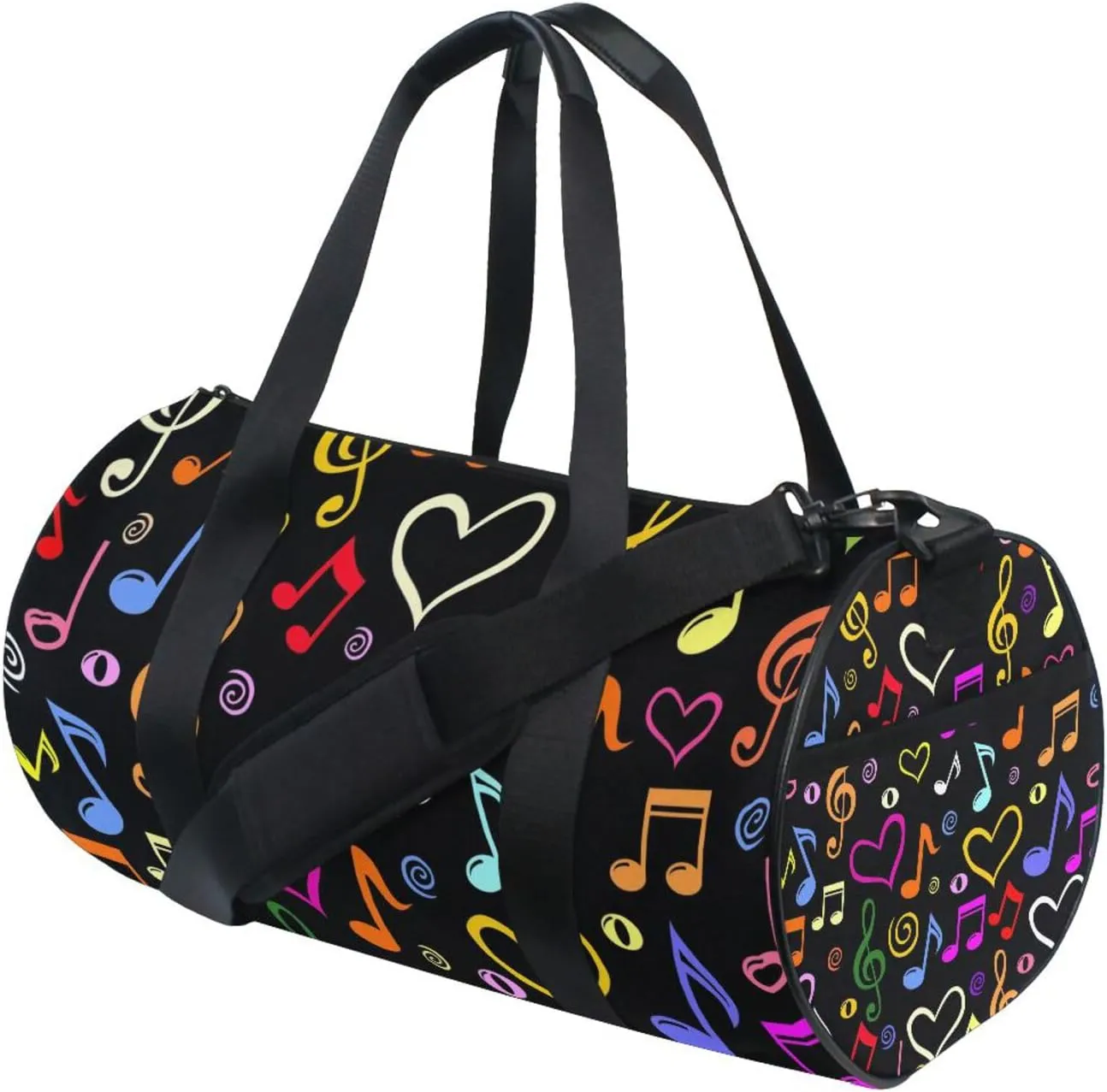 Seamless Colorful Musical Notes on Black Dark Portable Gym Bag, Travel Bag, Luggage bag, Sports Bag, Toiletry Bag with Handles, Detachable Shoulder Strap 17.6 x 9 x 9 inch