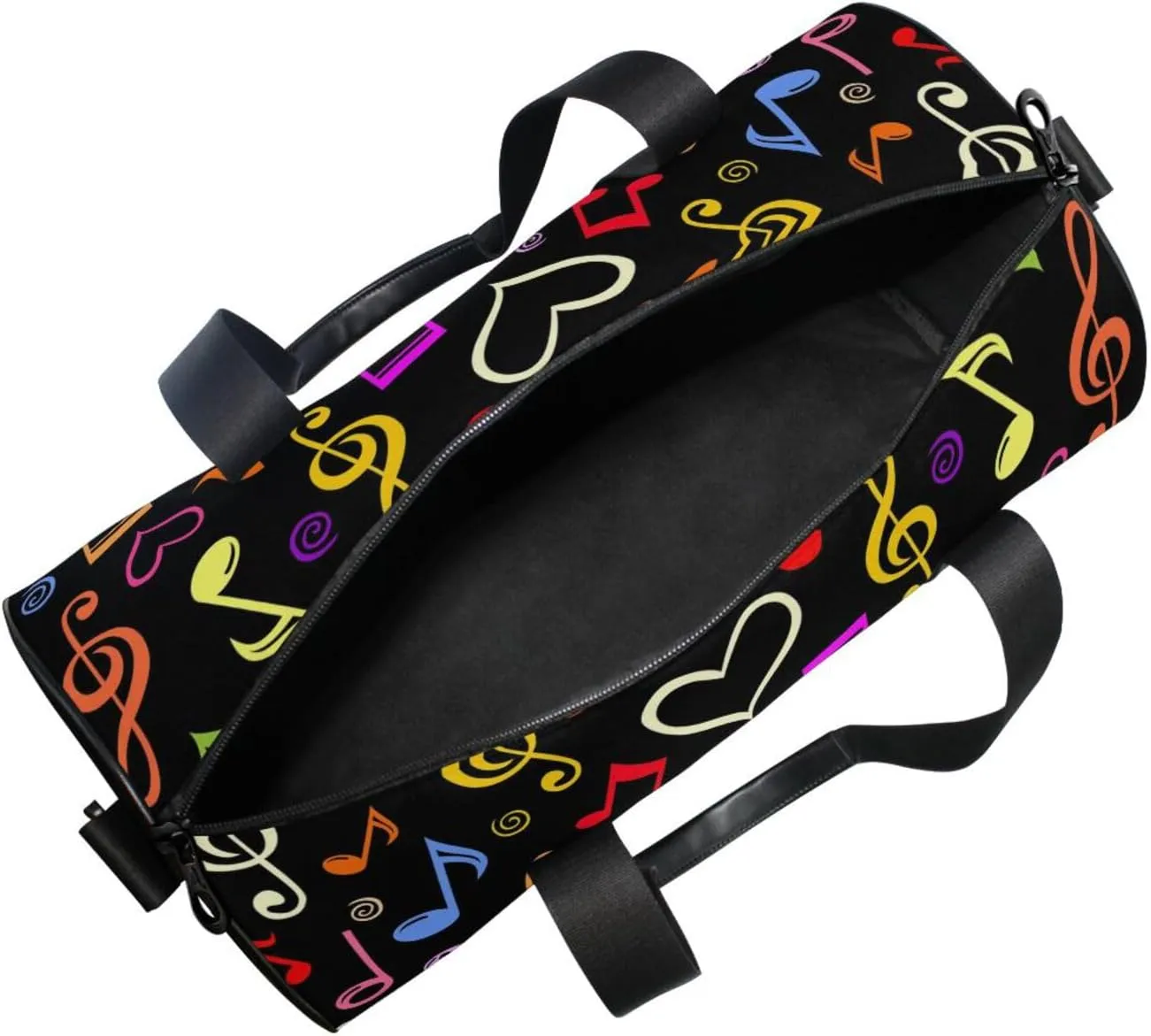 Seamless Colorful Musical Notes on Black Dark Portable Gym Bag, Travel Bag, Luggage bag, Sports Bag, Toiletry Bag with Handles, Detachable Shoulder Strap 17.6 x 9 x 9 inch