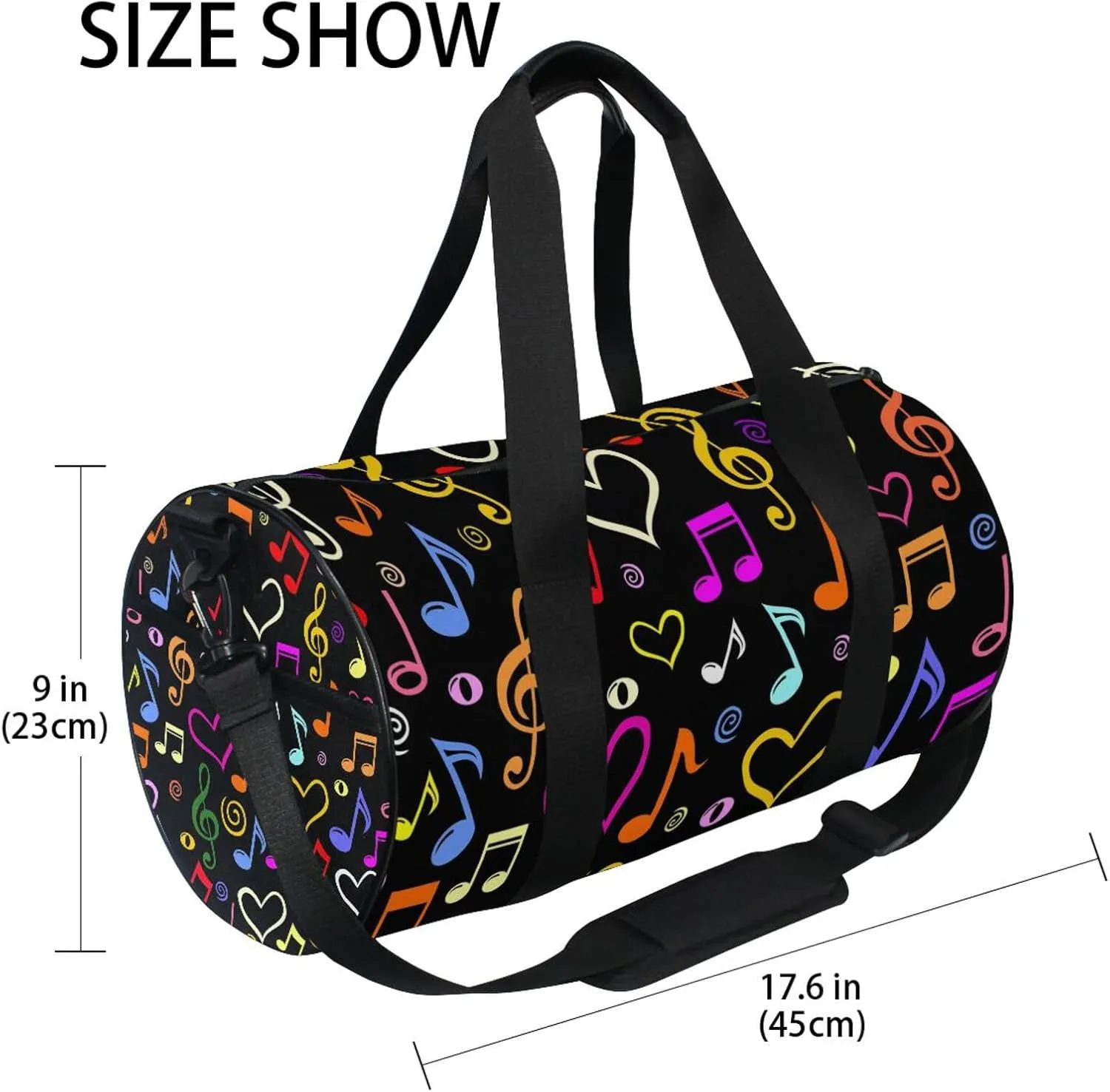 Seamless Colorful Musical Notes on Black Dark Portable Gym Bag, Travel Bag, Luggage bag, Sports Bag, Toiletry Bag with Handles, Detachable Shoulder Strap 17.6 x 9 x 9 inch