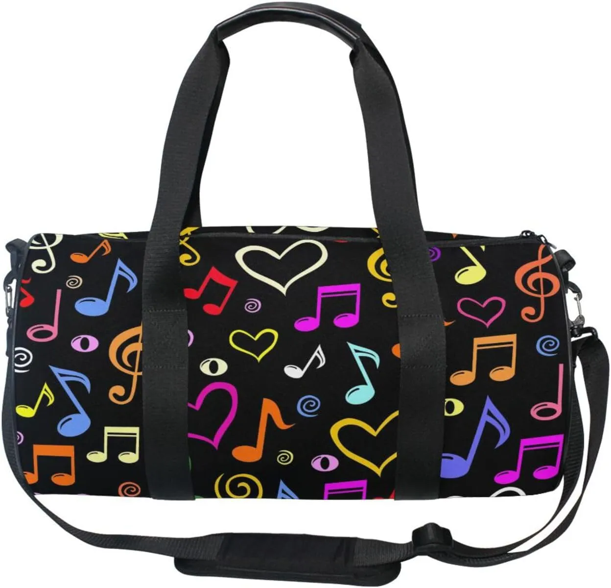 Seamless Colorful Musical Notes on Black Dark Portable Gym Bag, Travel Bag, Luggage bag, Sports Bag, Toiletry Bag with Handles, Detachable Shoulder Strap 17.6 x 9 x 9 inch