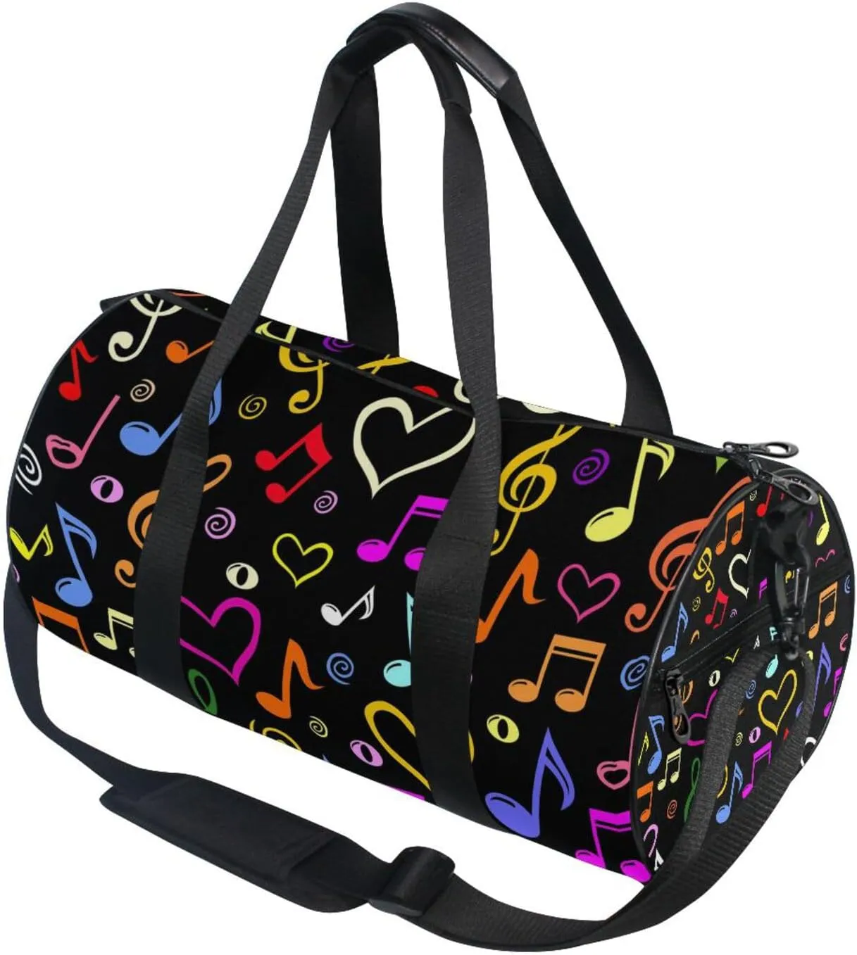Seamless Colorful Musical Notes on Black Dark Portable Gym Bag, Travel Bag, Luggage bag, Sports Bag, Toiletry Bag with Handles, Detachable Shoulder Strap 17.6 x 9 x 9 inch