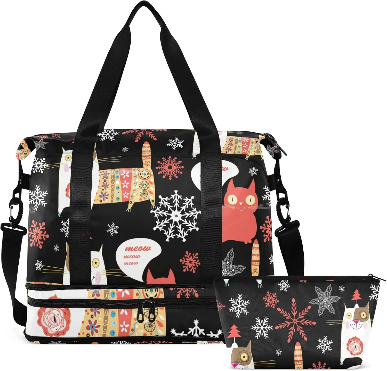 Seamless Colorful Russian Cat Snowflakes on Black Happy New Year Foldable Travel Bag, Camping Luggage bag, Portable Gym Bag, Sports Bag, Toiletry Bag with Handles Adjustable Shoulder Strap