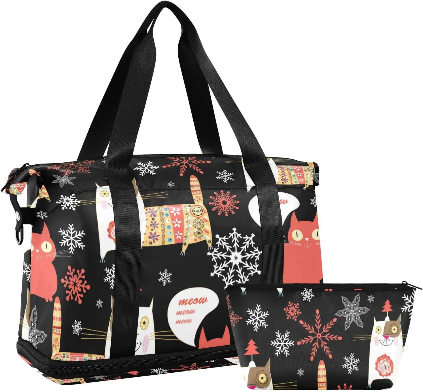 Seamless Colorful Russian Cat Snowflakes on Black Happy New Year Foldable Travel Bag, Camping Luggage bag, Portable Gym Bag, Sports Bag, Toiletry Bag with Handles Adjustable Shoulder Strap