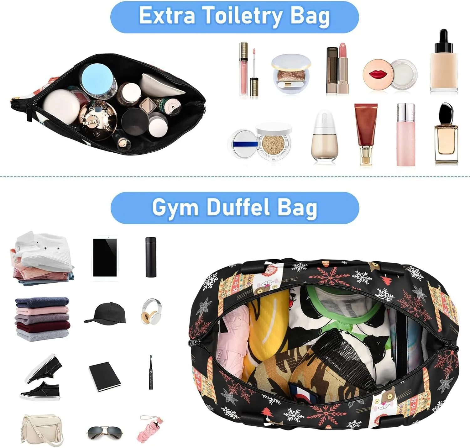 Seamless Colorful Russian Cat Snowflakes on Black Happy New Year Foldable Travel Bag, Camping Luggage bag, Portable Gym Bag, Sports Bag, Toiletry Bag with Handles Adjustable Shoulder Strap
