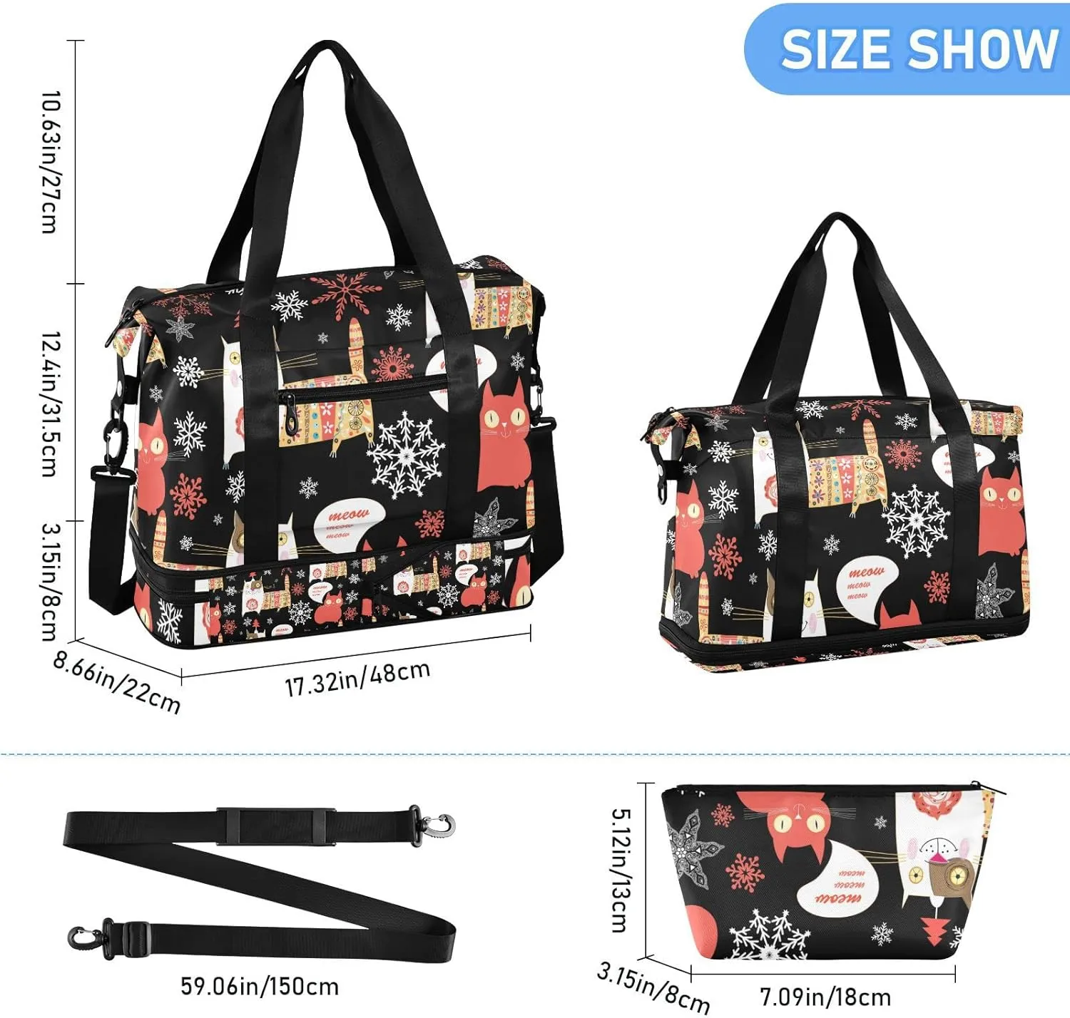 Seamless Colorful Russian Cat Snowflakes on Black Happy New Year Foldable Travel Bag, Camping Luggage bag, Portable Gym Bag, Sports Bag, Toiletry Bag with Handles Adjustable Shoulder Strap