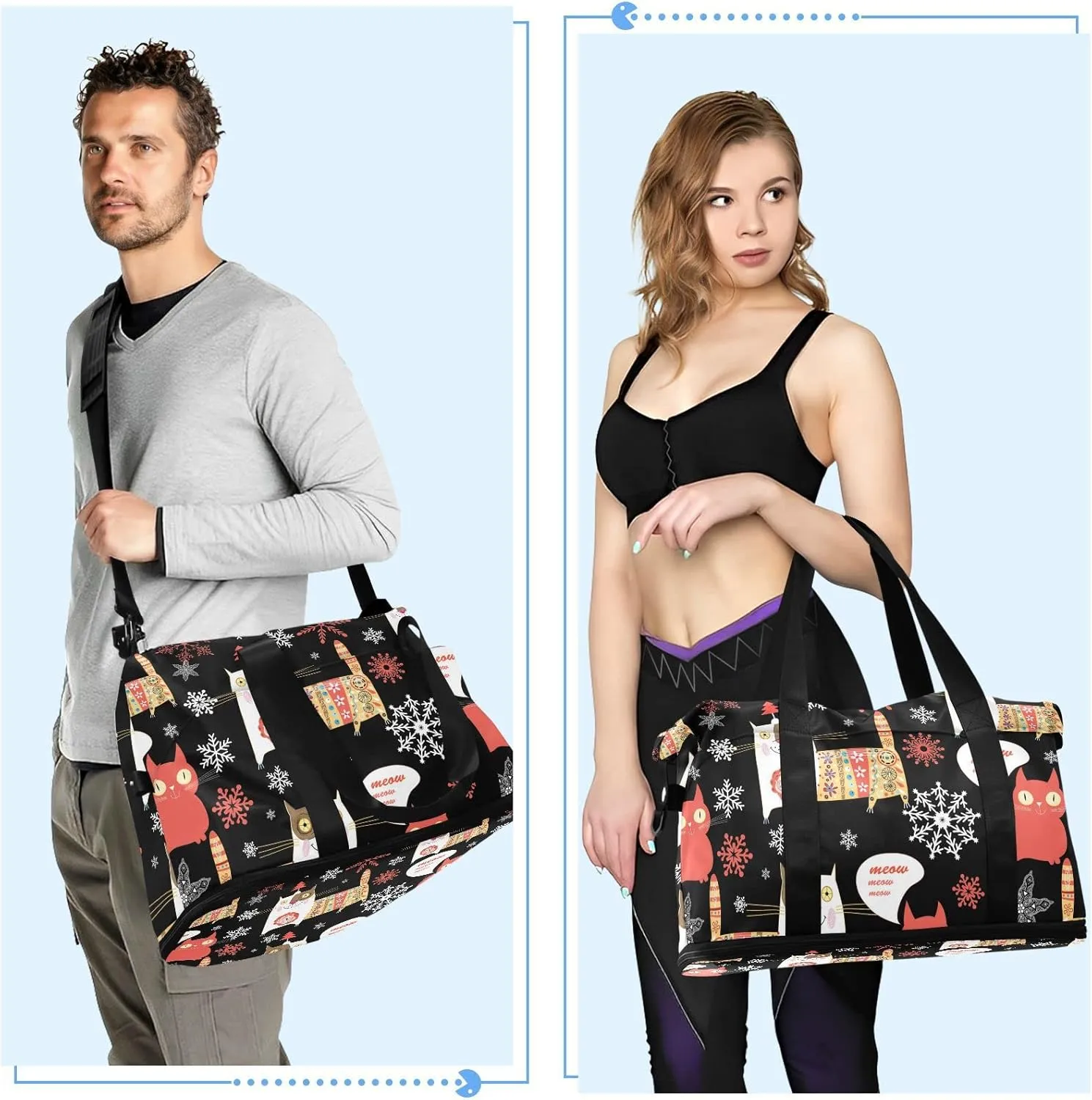 Seamless Colorful Russian Cat Snowflakes on Black Happy New Year Foldable Travel Bag, Camping Luggage bag, Portable Gym Bag, Sports Bag, Toiletry Bag with Handles Adjustable Shoulder Strap