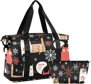 Seamless Colorful Russian Cat Snowflakes on Black Happy New Year Foldable Travel Bag, Camping Luggage bag, Portable Gym Bag, Sports Bag, Toiletry Bag with Handles Adjustable Shoulder Strap
