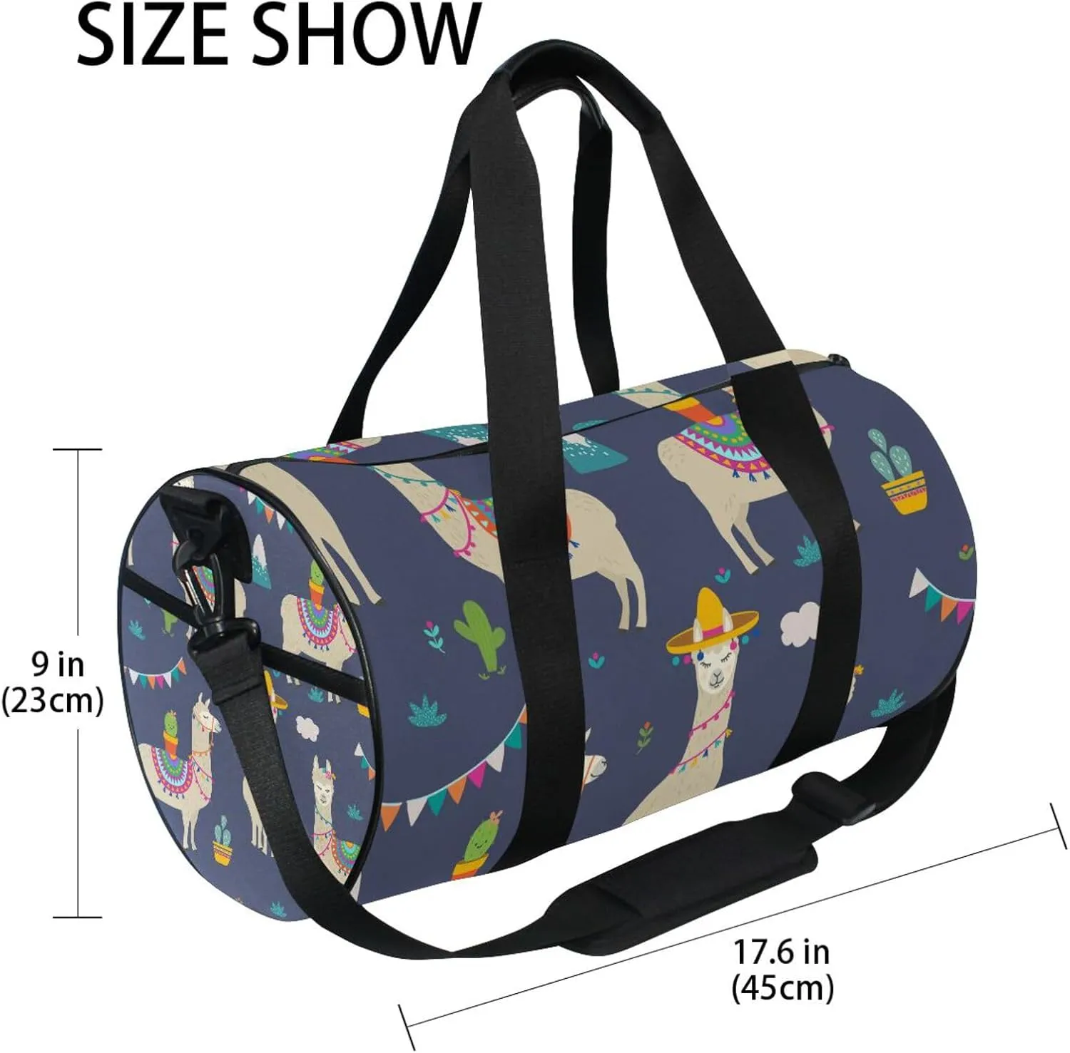 Seamless Cute Cartoon Ethnic Llamas Tribal Alpaca Blue Pattern Portable Gym Bag, Travel Bag, Luggage bag, Sports Bag, Toiletry Bag with Handles, Detachable Shoulder Strap 17.6 x 9 x 9 inch