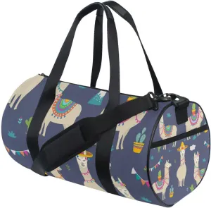 Seamless Cute Cartoon Ethnic Llamas Tribal Alpaca Blue Pattern Portable Gym Bag, Travel Bag, Luggage bag, Sports Bag, Toiletry Bag with Handles, Detachable Shoulder Strap 17.6 x 9 x 9 inch