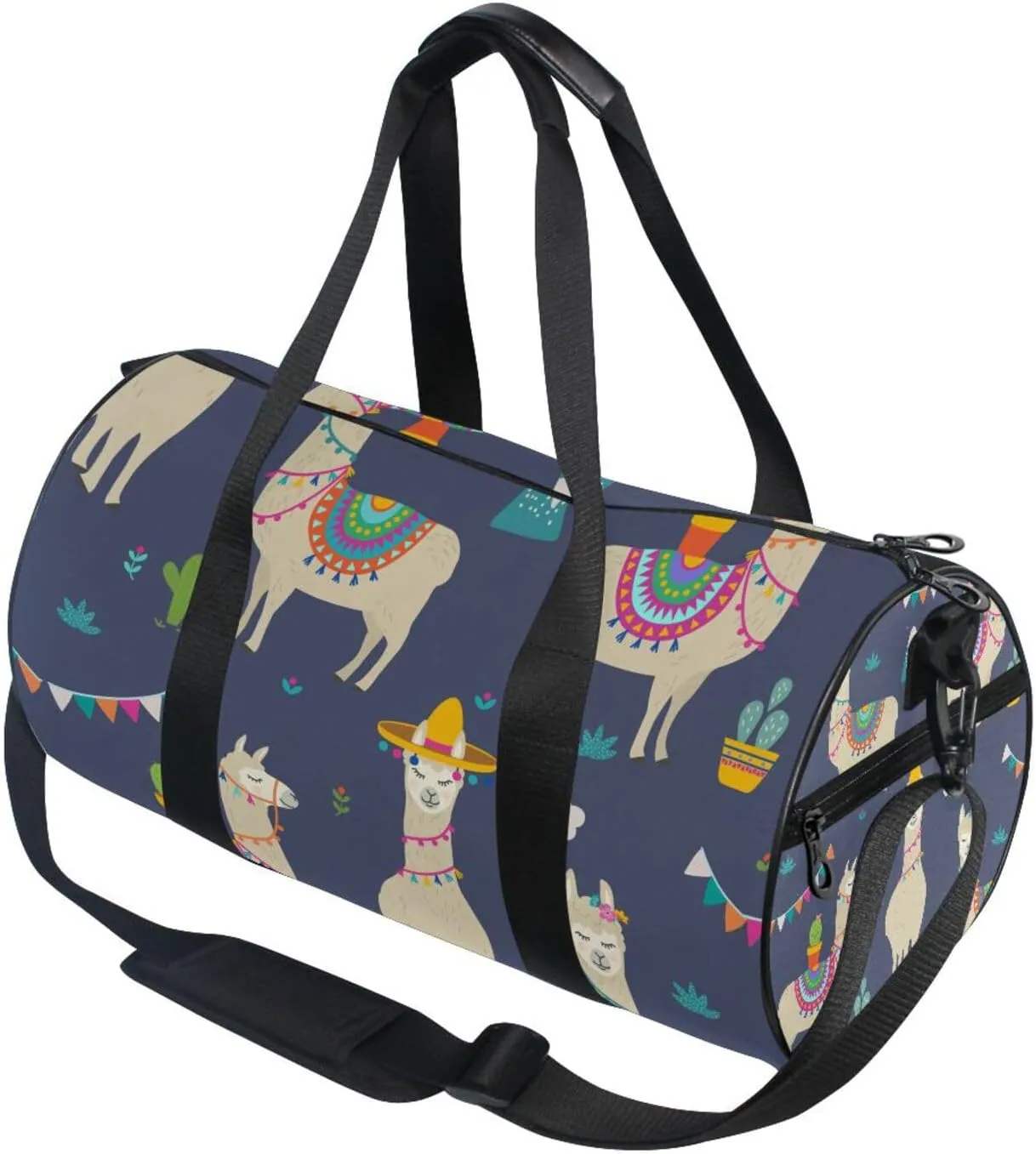 Seamless Cute Cartoon Ethnic Llamas Tribal Alpaca Blue Pattern Portable Gym Bag, Travel Bag, Luggage bag, Sports Bag, Toiletry Bag with Handles, Detachable Shoulder Strap 17.6 x 9 x 9 inch