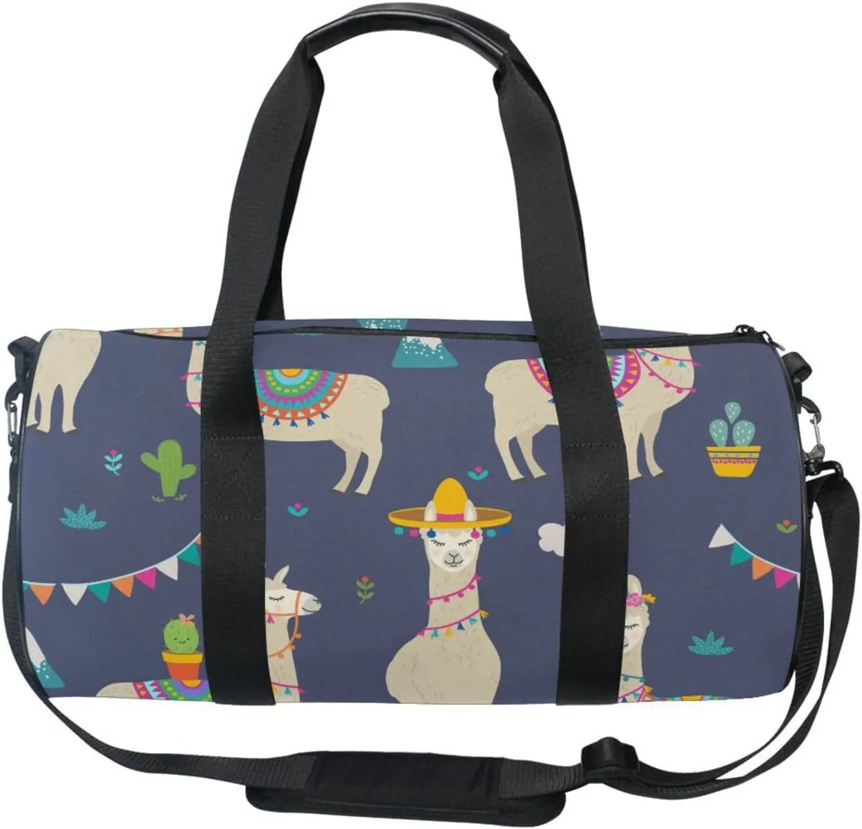 Seamless Cute Cartoon Ethnic Llamas Tribal Alpaca Blue Pattern Portable Gym Bag, Travel Bag, Luggage bag, Sports Bag, Toiletry Bag with Handles, Detachable Shoulder Strap 17.6 x 9 x 9 inch