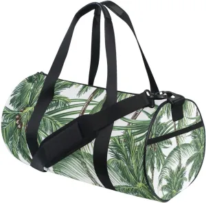 Seamless Green Palm Trees Tropical Leaves on White Portable Gym Bag, Travel Bag, Luggage bag, Sports Bag, Toiletry Bag with Handles, Detachable Shoulder Strap 17.6 x 9 x 9 inch