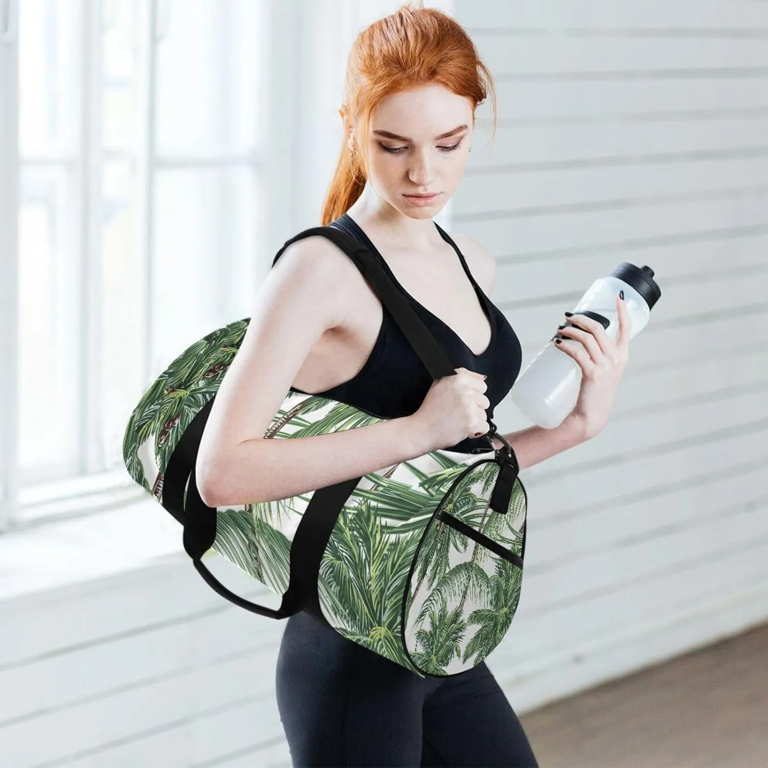 Seamless Green Palm Trees Tropical Leaves on White Portable Gym Bag, Travel Bag, Luggage bag, Sports Bag, Toiletry Bag with Handles, Detachable Shoulder Strap 17.6 x 9 x 9 inch