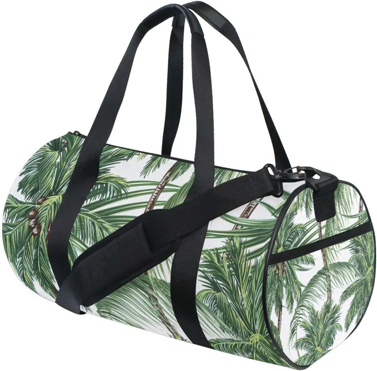 Seamless Green Palm Trees Tropical Leaves on White Portable Gym Bag, Travel Bag, Luggage bag, Sports Bag, Toiletry Bag with Handles, Detachable Shoulder Strap 17.6 x 9 x 9 inch