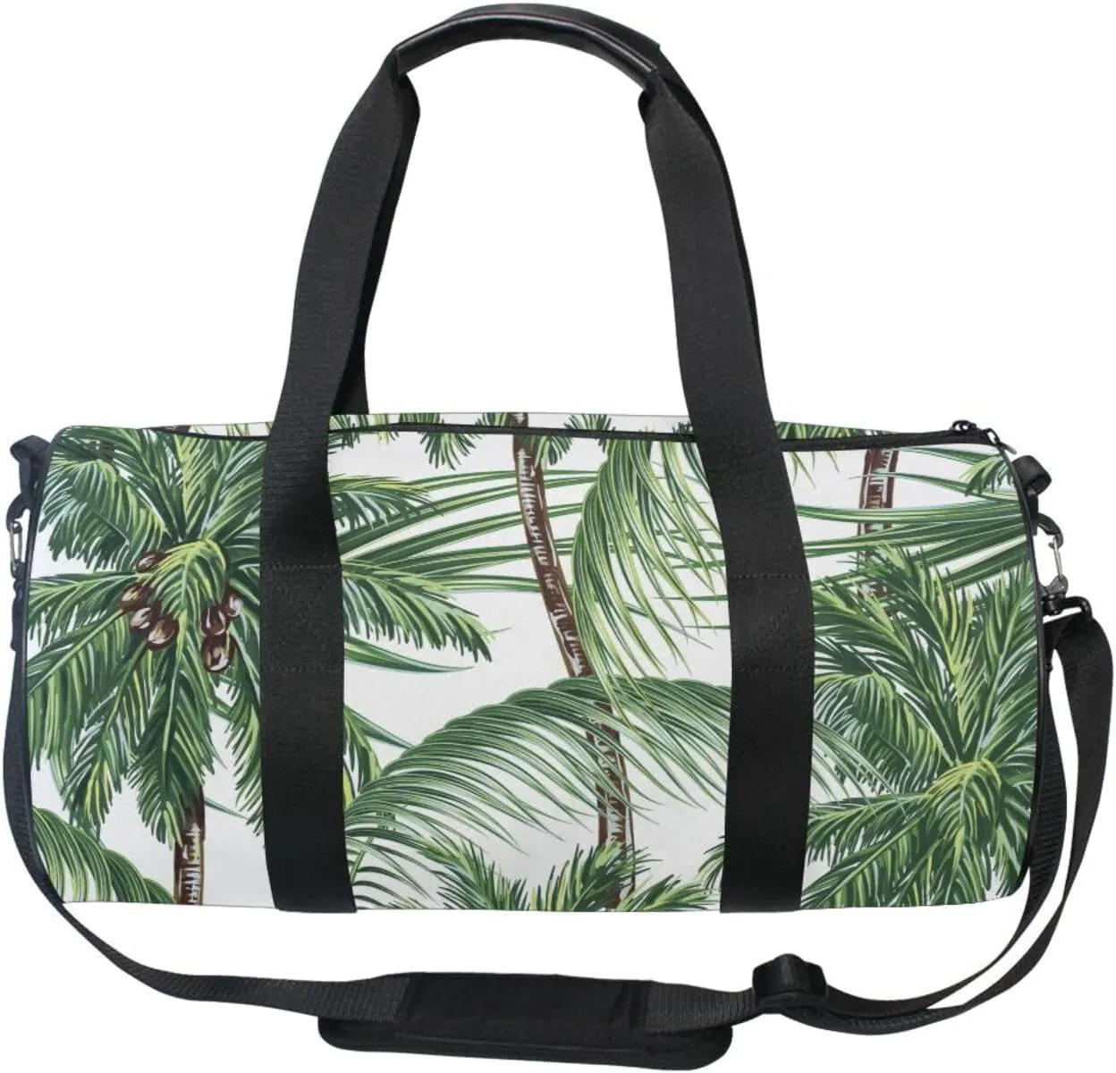 Seamless Green Palm Trees Tropical Leaves on White Portable Gym Bag, Travel Bag, Luggage bag, Sports Bag, Toiletry Bag with Handles, Detachable Shoulder Strap 17.6 x 9 x 9 inch