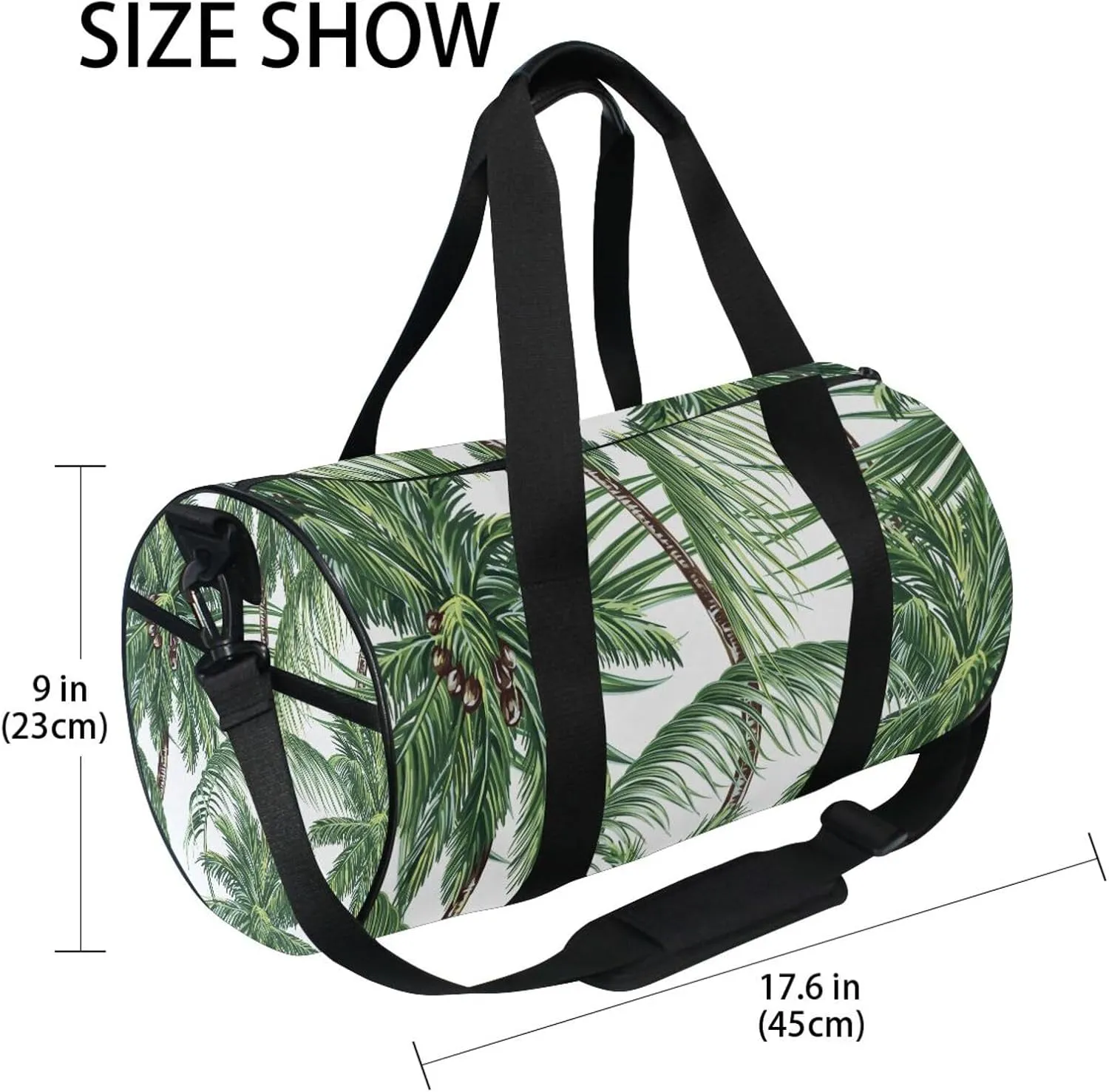 Seamless Green Palm Trees Tropical Leaves on White Portable Gym Bag, Travel Bag, Luggage bag, Sports Bag, Toiletry Bag with Handles, Detachable Shoulder Strap 17.6 x 9 x 9 inch