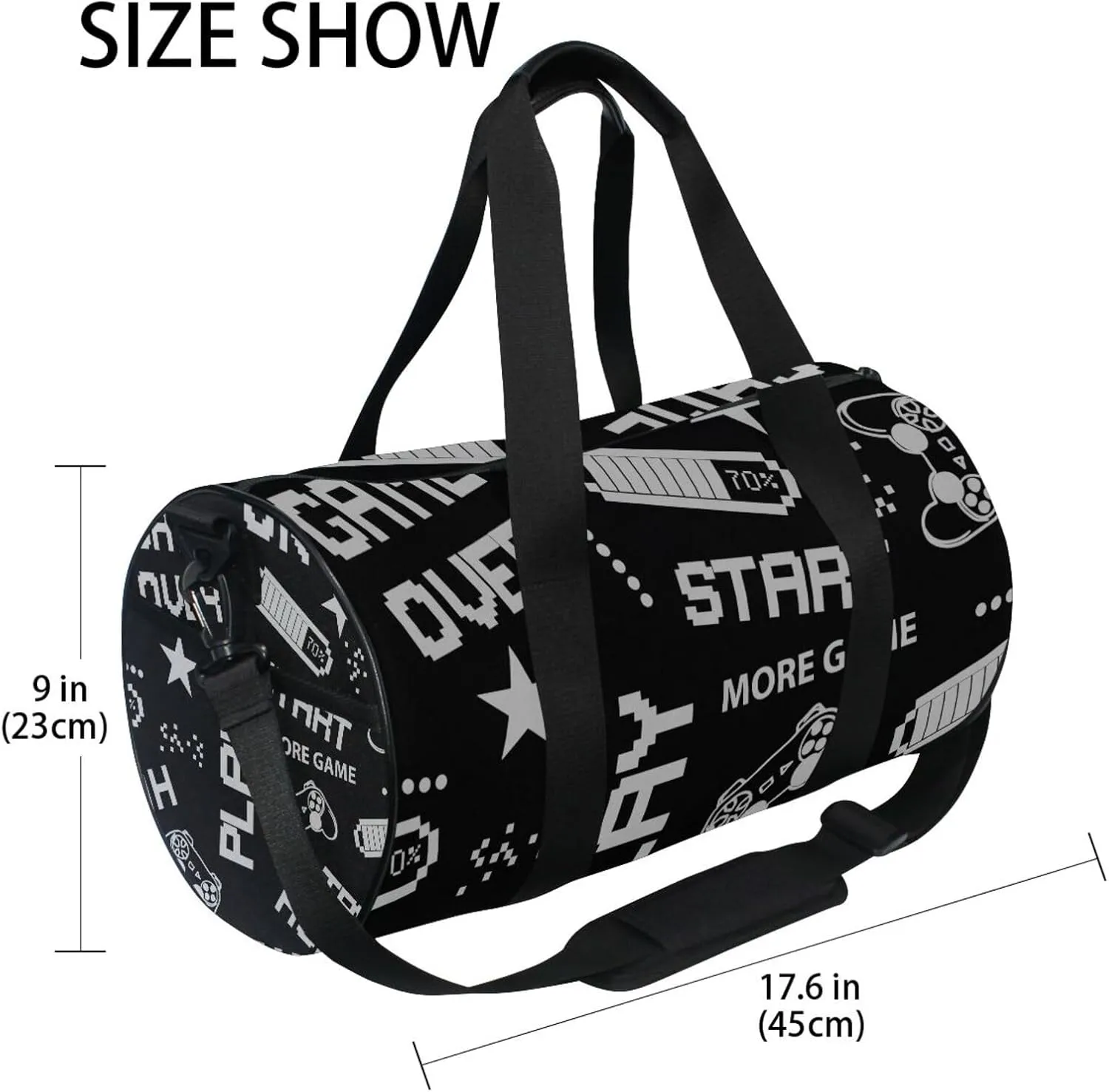 Seamless Grey Abstract Pattern in Pixel Game Style on Dark Portable Gym Bag, Travel Bag, Luggage bag, Sports Bag, Toiletry Bag with Handles, Detachable Shoulder Strap 17.6 x 9 x 9 inch