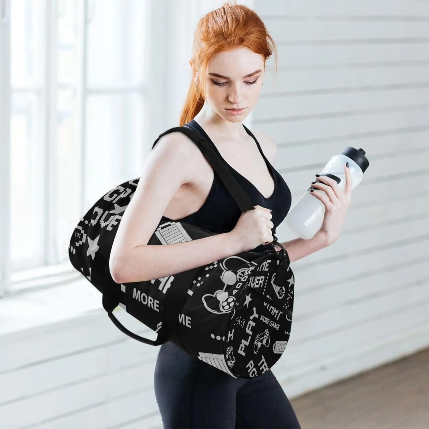 Seamless Grey Abstract Pattern in Pixel Game Style on Dark Portable Gym Bag, Travel Bag, Luggage bag, Sports Bag, Toiletry Bag with Handles, Detachable Shoulder Strap 17.6 x 9 x 9 inch