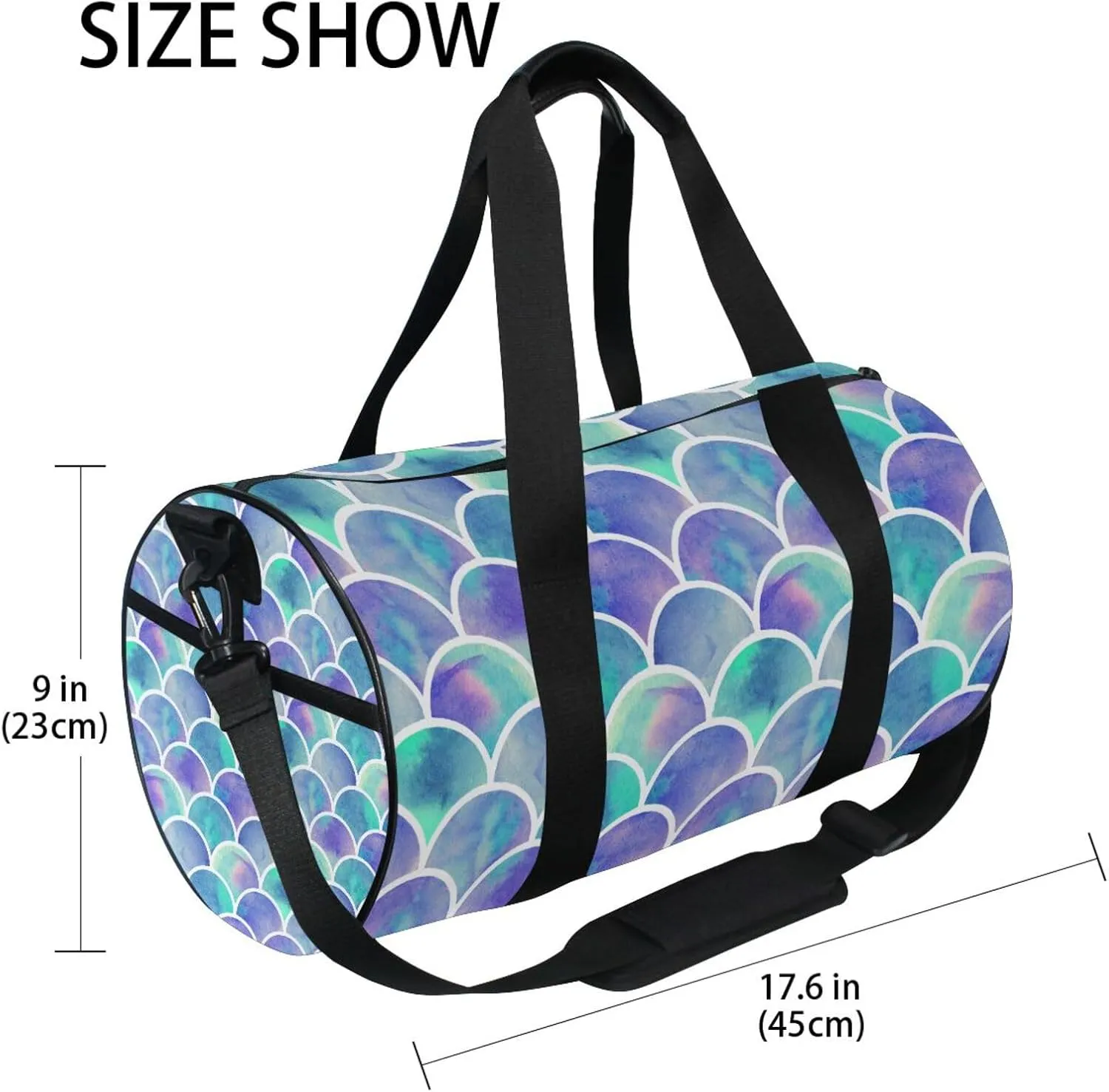 Seamless Mermaid Fish Tail Scales in Purple Turquoise Style Portable Gym Bag, Travel Bag, Luggage bag, Sports Bag, Toiletry Bag with Handles, Detachable Shoulder Strap 17.6 x 9 x 9 inch