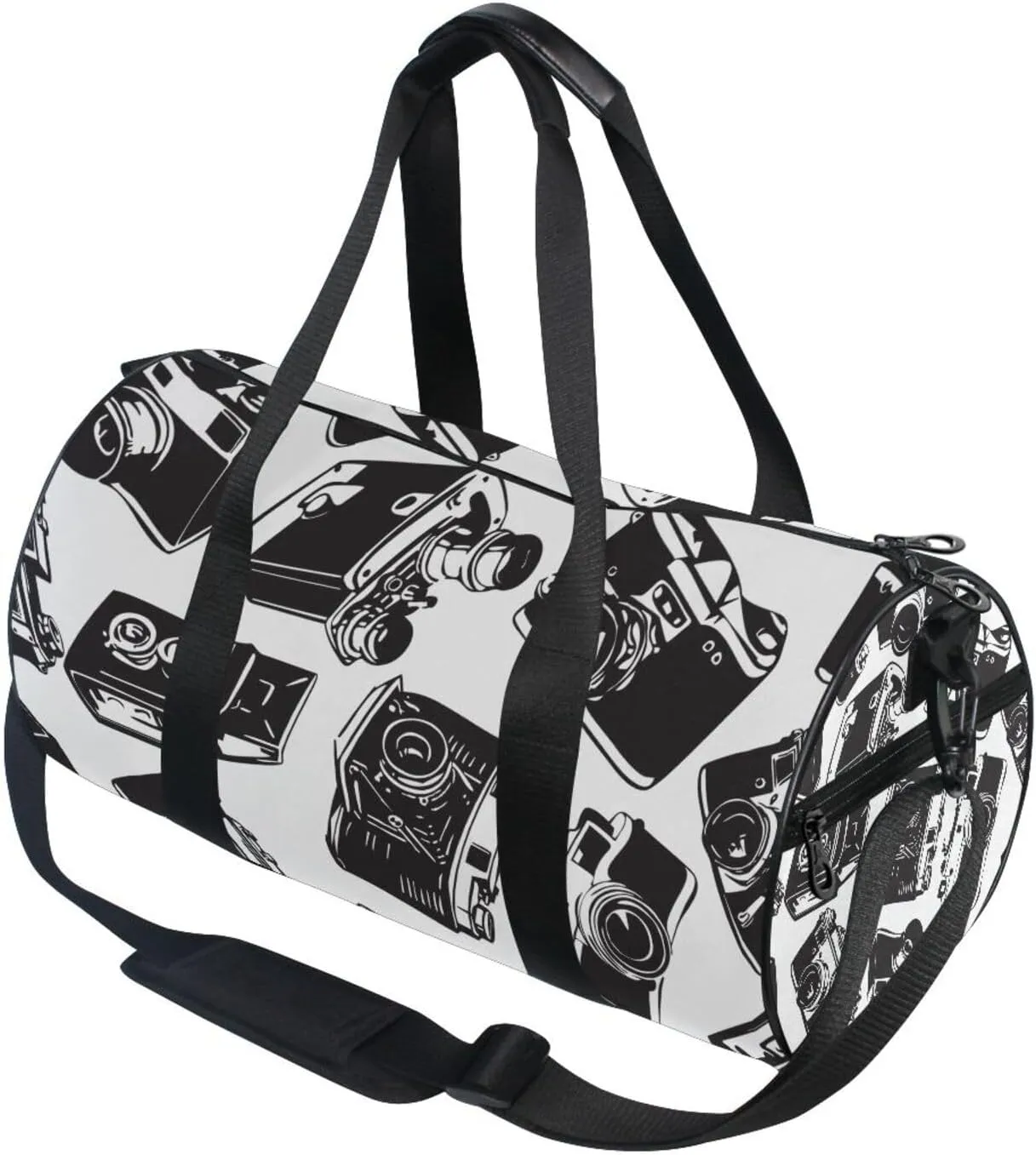 Seamless Pattern with Old Cameras Black White Vintage Retro Style Portable Gym Bag, Travel Bag, Luggage bag, Sports Bag, Toiletry Bag with Handles, Detachable Shoulder Strap 17.6 x 9 x 9 inch
