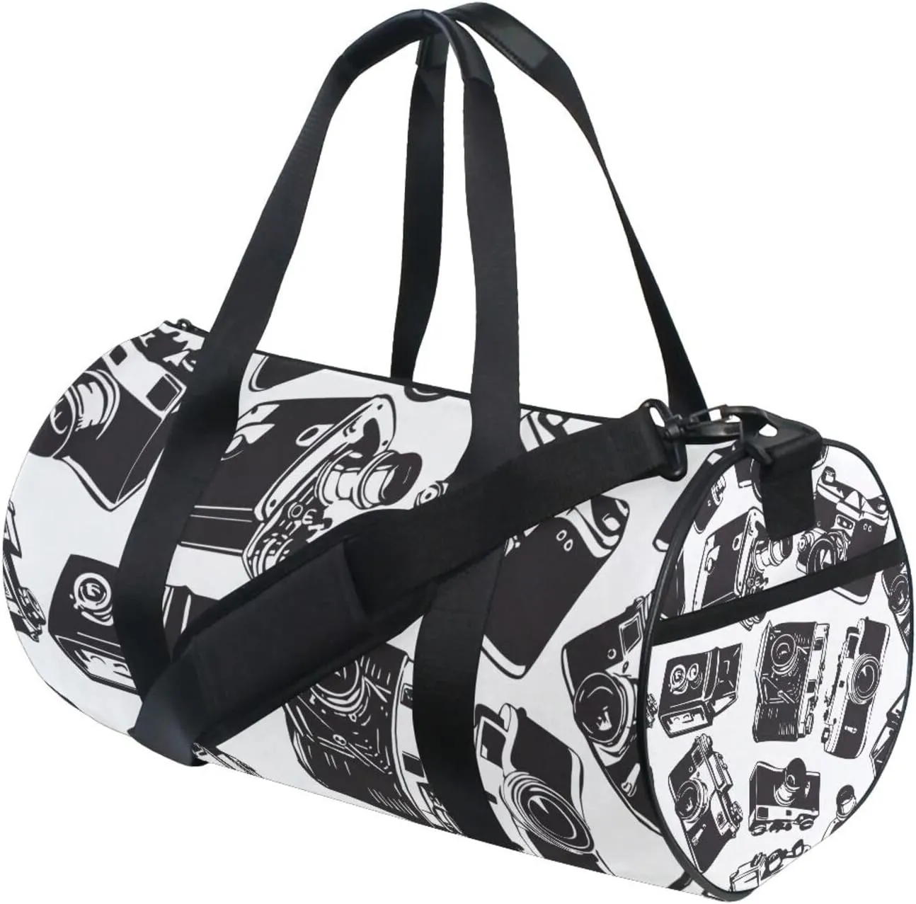 Seamless Pattern with Old Cameras Black White Vintage Retro Style Portable Gym Bag, Travel Bag, Luggage bag, Sports Bag, Toiletry Bag with Handles, Detachable Shoulder Strap 17.6 x 9 x 9 inch