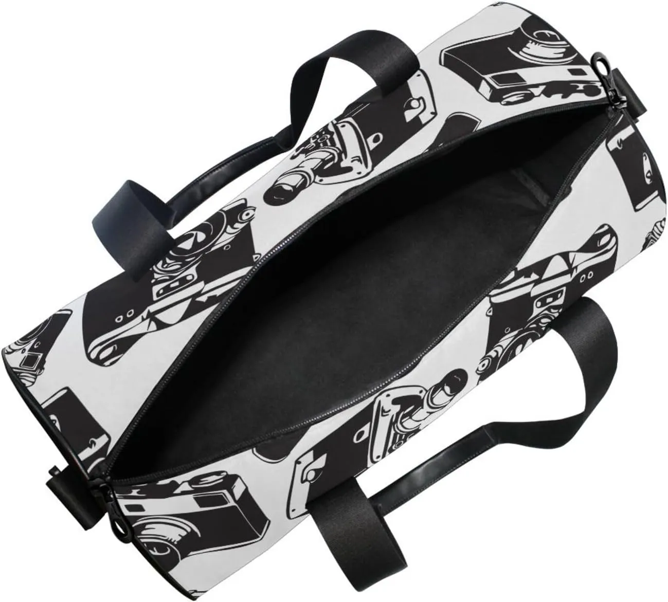 Seamless Pattern with Old Cameras Black White Vintage Retro Style Portable Gym Bag, Travel Bag, Luggage bag, Sports Bag, Toiletry Bag with Handles, Detachable Shoulder Strap 17.6 x 9 x 9 inch