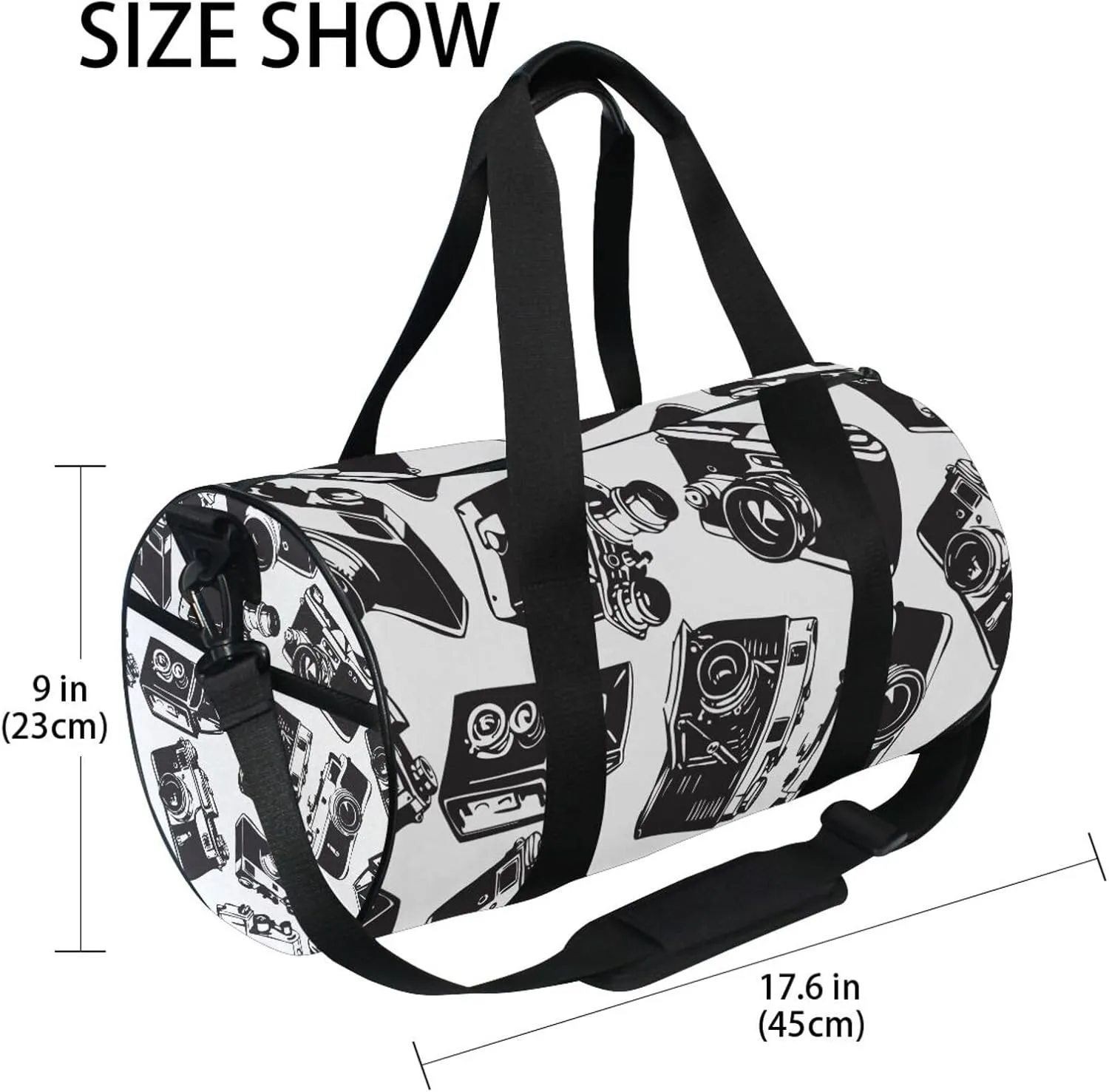 Seamless Pattern with Old Cameras Black White Vintage Retro Style Portable Gym Bag, Travel Bag, Luggage bag, Sports Bag, Toiletry Bag with Handles, Detachable Shoulder Strap 17.6 x 9 x 9 inch