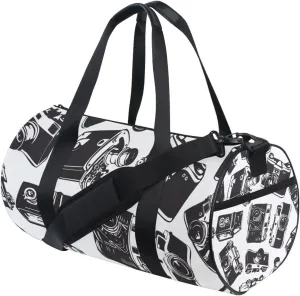 Seamless Pattern with Old Cameras Black White Vintage Retro Style Portable Gym Bag, Travel Bag, Luggage bag, Sports Bag, Toiletry Bag with Handles, Detachable Shoulder Strap 17.6 x 9 x 9 inch