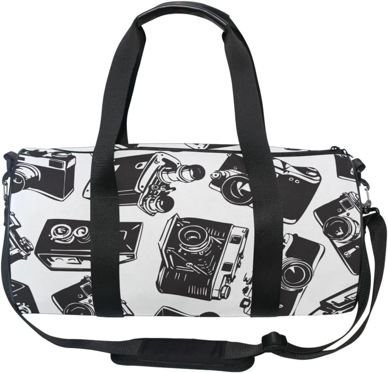 Seamless Pattern with Old Cameras Black White Vintage Retro Style Portable Gym Bag, Travel Bag, Luggage bag, Sports Bag, Toiletry Bag with Handles, Detachable Shoulder Strap 17.6 x 9 x 9 inch