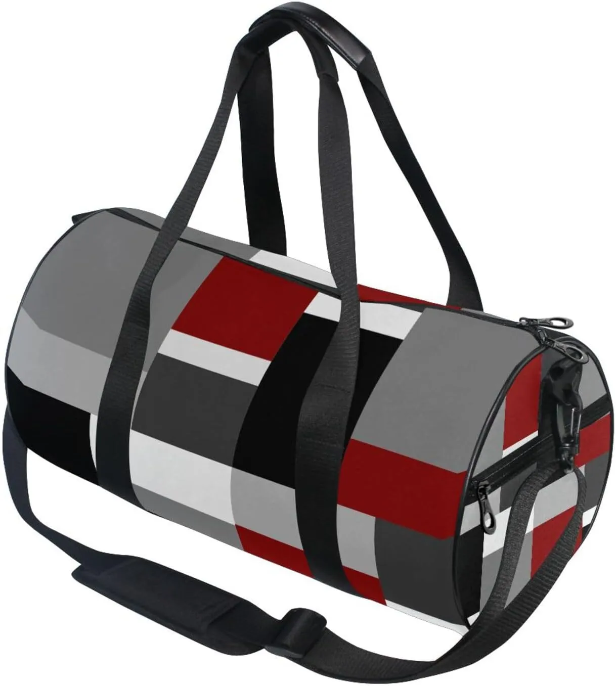 Seamless Red, Grey, Black and White Rectangles Modern Style Portable Gym Bag, Travel Bag, Luggage bag, Sports Bag, Toiletry Bag with Handles, Detachable Shoulder Strap 17.6 x 9 x 9 inch