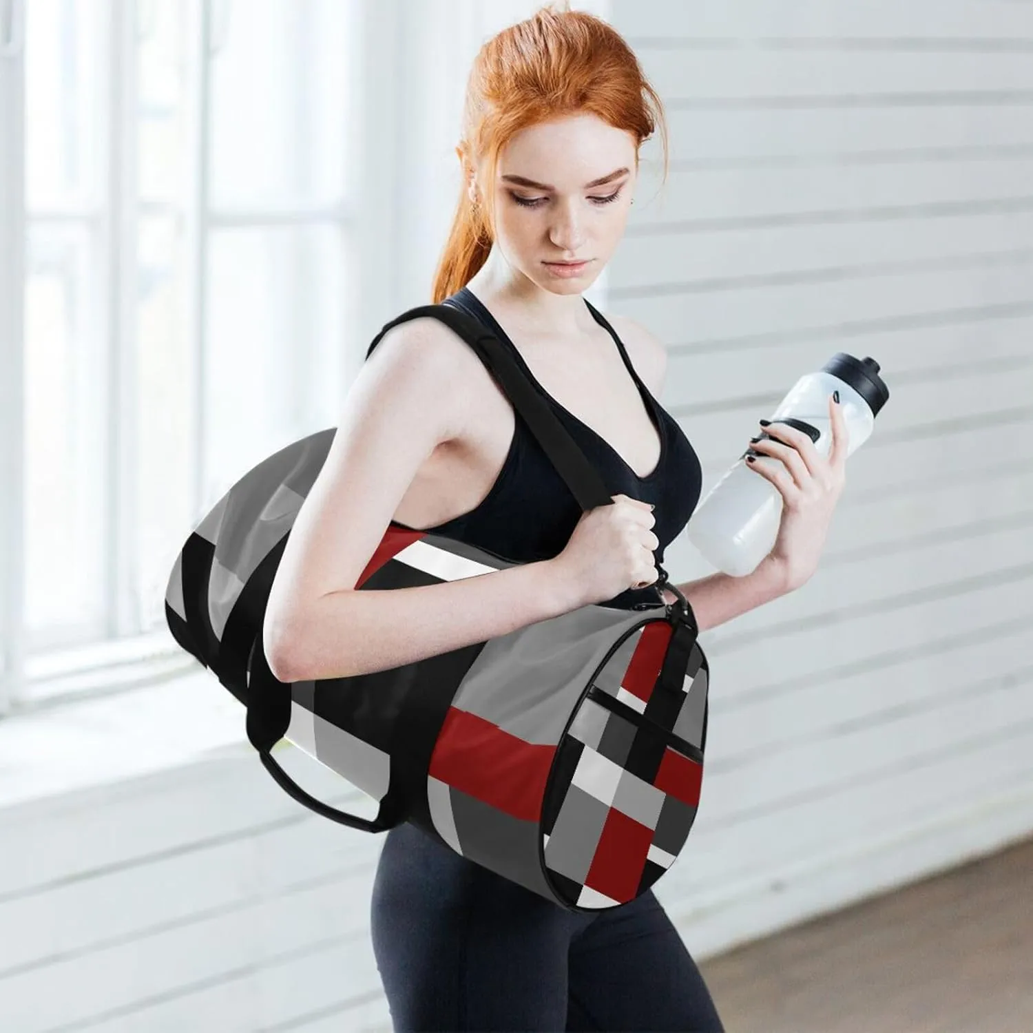 Seamless Red, Grey, Black and White Rectangles Modern Style Portable Gym Bag, Travel Bag, Luggage bag, Sports Bag, Toiletry Bag with Handles, Detachable Shoulder Strap 17.6 x 9 x 9 inch