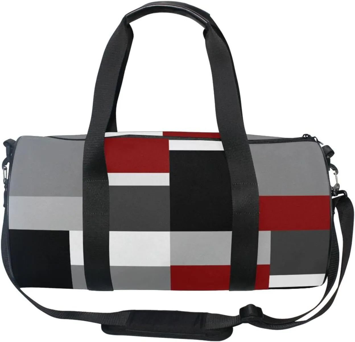 Seamless Red, Grey, Black and White Rectangles Modern Style Portable Gym Bag, Travel Bag, Luggage bag, Sports Bag, Toiletry Bag with Handles, Detachable Shoulder Strap 17.6 x 9 x 9 inch