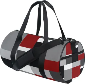Seamless Red, Grey, Black and White Rectangles Modern Style Portable Gym Bag, Travel Bag, Luggage bag, Sports Bag, Toiletry Bag with Handles, Detachable Shoulder Strap 17.6 x 9 x 9 inch