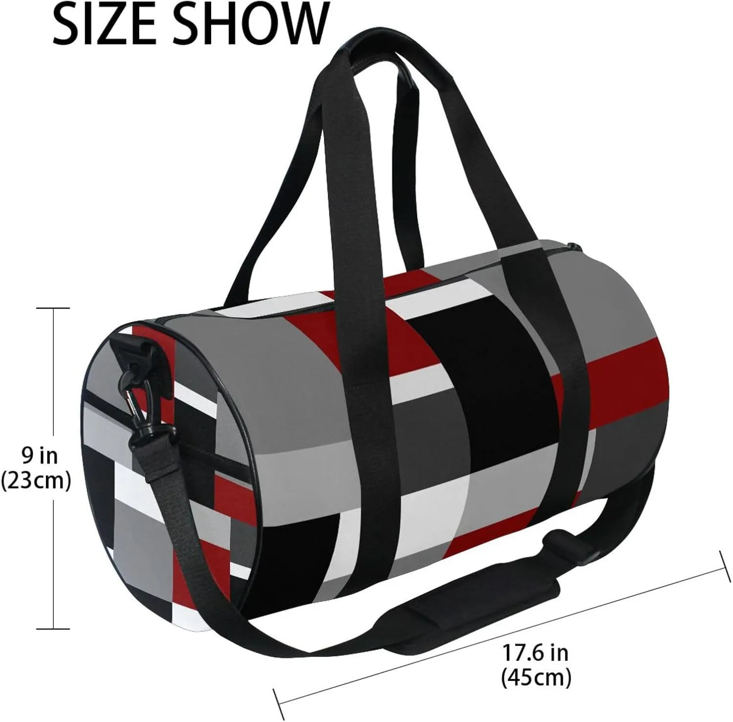 Seamless Red, Grey, Black and White Rectangles Modern Style Portable Gym Bag, Travel Bag, Luggage bag, Sports Bag, Toiletry Bag with Handles, Detachable Shoulder Strap 17.6 x 9 x 9 inch